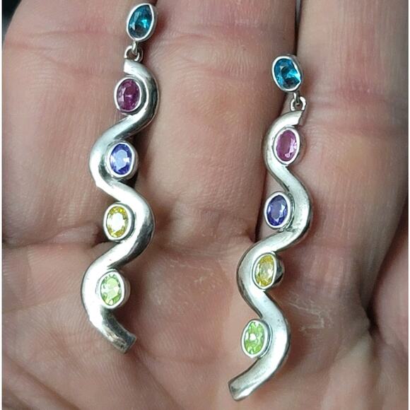 Sterling Silver Multi Stone Squiggly Dangle Earrings - Picture 1 of 9
